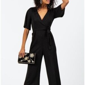 Mon Ami Womens Black Glitter Wrap Front Belted Jumpsuit Tie Back XS